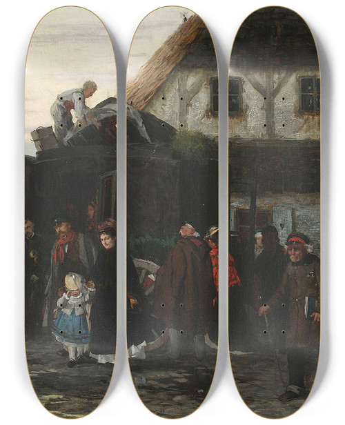 Triptych art skateboard deck of Alfred Von Wieruszkowalski Arrival Of A Post Chaise In A Country Town by Alfred Von Wierusz-Kowalski (1849-1915)