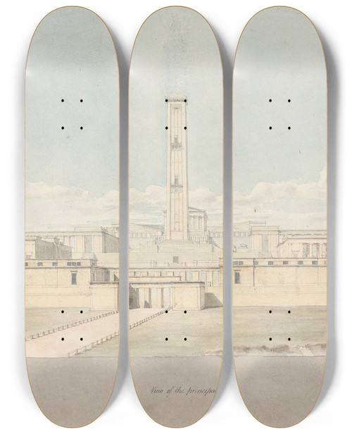 Triptych art skateboard deck of Lewis Vulliamy Perspective View Of A Fanciful Acropolis Complex by Lewis Vulliamy (1791-1871)