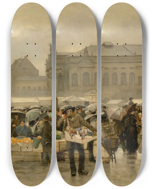 Triptych art skateboard deck of Emile Claus The Market In Front Of The Theatre In Antwerp by Emile Claus (1849-1924)