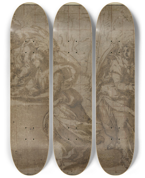 Triptych art skateboard deck of Ludovico Carracci Die Speisung Christi In Der Wste by Ludovico Carracci (1555-1619)