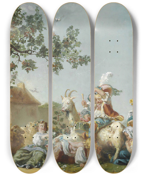Triptych art skateboard deck of Jeanjacques Bachelier Les Amusements De Lenfance by Jean-Jacques Bachelier (1724-1806)