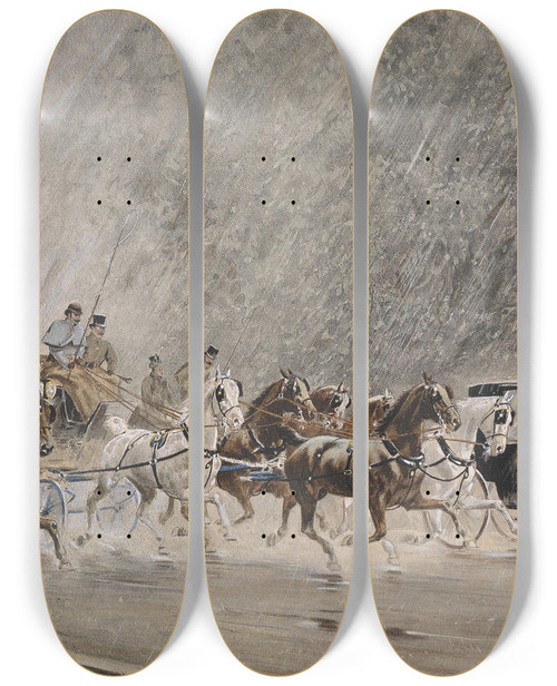 Triptych art skateboard deck of Heinrich Gottfried Wilda Kutschenfahrt Im Regen by Heinrich Gottfried Wilda (1862-1911)