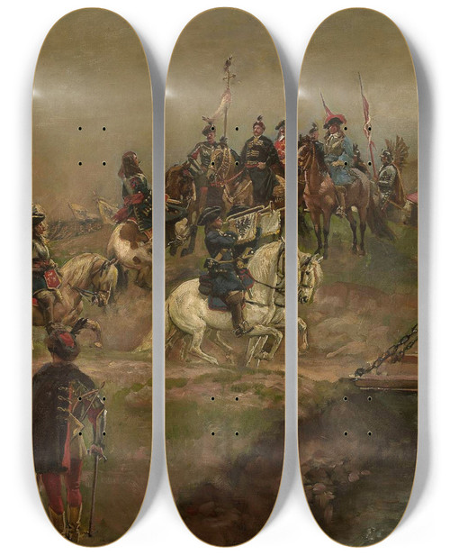 Triptych art skateboard deck of Wojciech Kossak Parade Of The Austrian Troops Before King Jan Sobieski by Wojciech Kossak (1857-1942)