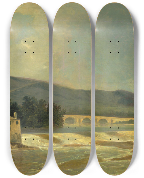 Triptych art skateboard deck of William Hodges Otley Bridge On The River Wharfe by William Hodges (1744-1797)