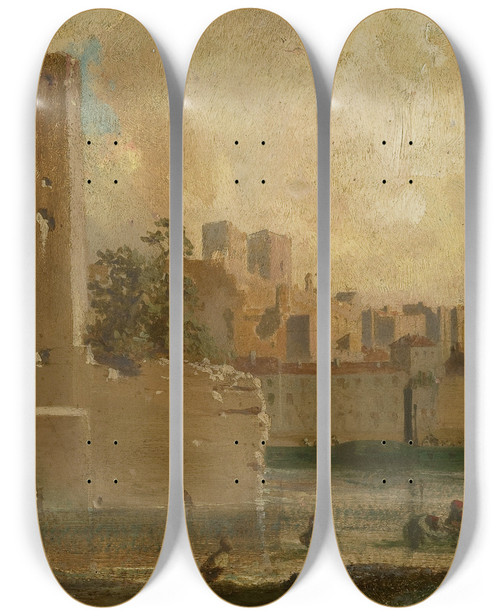 Triptych art skateboard deck of Teofil Kwiatkowski View Of The Avignon Port_1 by Teofil Kwiatkowski (1809-1891)