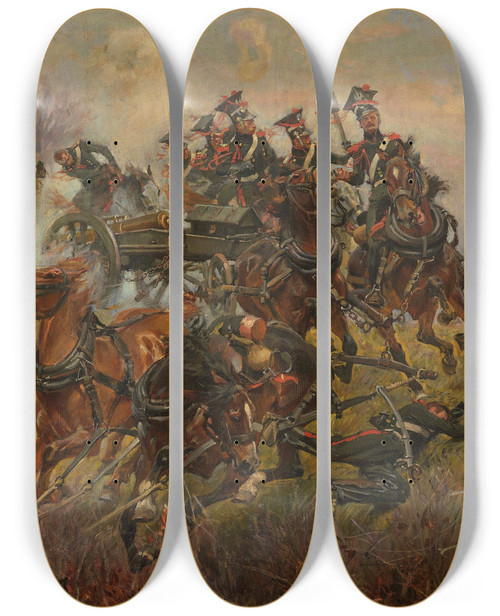 Triptych art skateboard deck of Wojciech Kossak Battery On Fire Raszyn by Wojciech Kossak (1857-1942)