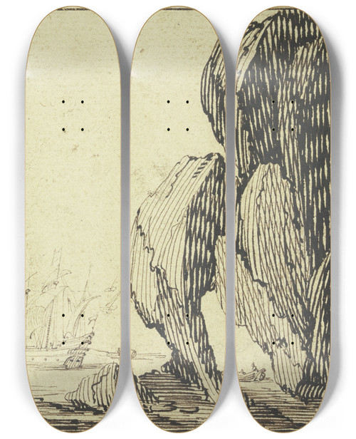 Triptych art skateboard deck of Jacques Callot Seehafen Mit Schiffen Rechts Ein Groer Felsen by Jacques Callot (1592-1635)