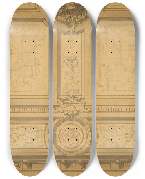 Triptych art skateboard deck of Julesedmondcharles Lachaise Design For Half Of A Ceiling Decoration Fontainbleau by Jules-Edmond-Charles Lachaise (1897)