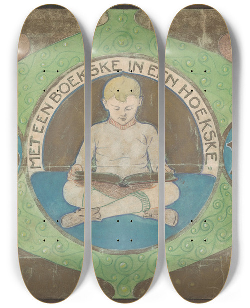Triptych art skateboard deck of Reinier Willem Petrus De Vries Zittende Jongen Leest Een Boek by Reinier Willem Petrus De Vries (1874-1952)