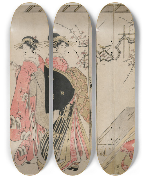 Triptych art skateboard deck of Toyokuni Utagawa Courtesans Of The Giya On A Spring Outing by Toyokuni Utagawa (1769-1825)