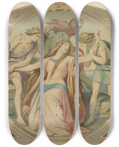 Triptych art skateboard deck of Moritz Von Schwind Three Boys Save The Despairing Pamina From Suicide by Moritz Von Schwind (1804-1871)
