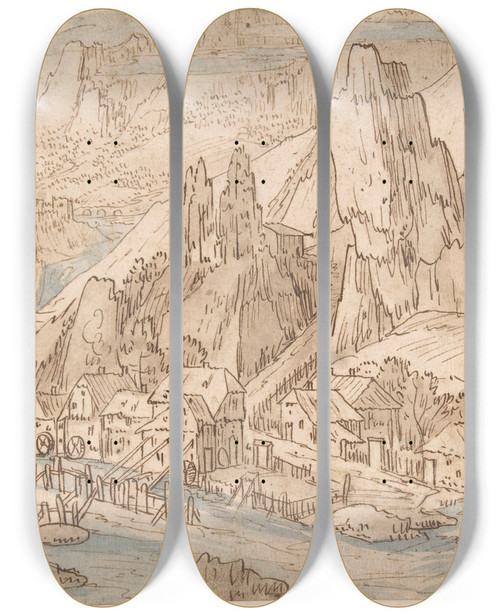Triptych art skateboard deck of Tobias Verhaecht Mountainous Landscape by Tobias Verhaecht (1561-1631)