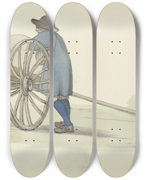 Triptych art skateboard deck of Jakob Frchtegott Dielmann Ein Bauer Vom Hunsrck Bei Einer Karre Diese Be Oder Entladend by Jakob Furchtegott Dielmann (1809-1885)