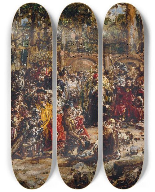 Triptych art skateboard deck of Jan Matejko Baptism Of Lithuania From The Series History Of Civilization In Poland by Jan Matejko (1838-1893)