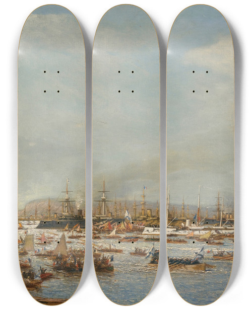 Triptych art skateboard deck of Alexei Petrovich Bogoliubov The Entrance Of The Russian Fleet Into Toulon Harbour by Alexey Petrovich Bogolyubov (1824-1896)