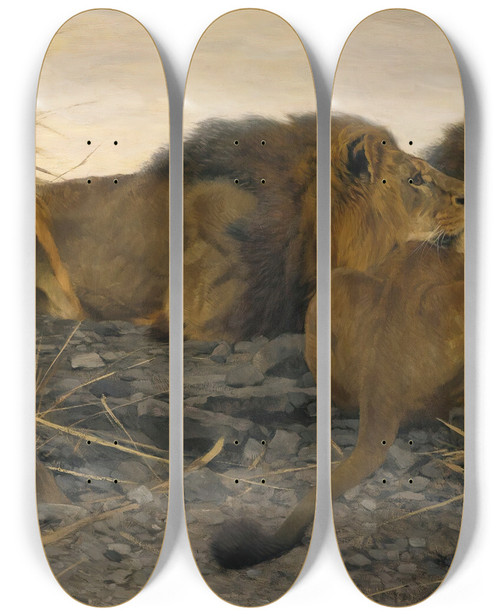 Triptych art skateboard deck of Wilhelm Kuhnert Lions At Watch by Wilhelm Kuhnert (1865-1926)
