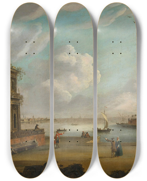 Triptych art skateboard deck of Thomas Patch A Capriccio Of A Mediterranean Port by Thomas Patch (1725-1782)