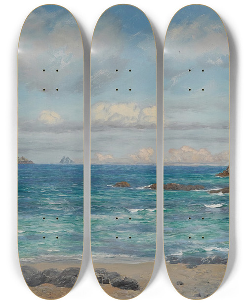 Triptych art skateboard deck of John Brett Newtrain Bayand Gull Island Cornwall by John Brett (1831-1902)