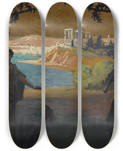Triptych art skateboard deck of Henry Keller Mural Sketch Pastoral Study No 1 by Henry Keller (1869-1949)