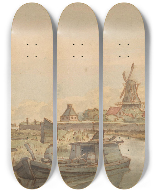 Triptych art skateboard deck of George Pieter Westenberg Vaart Met Een Boot Een Huis En Twee Molens by George Pieter Westenberg (1791-1873)