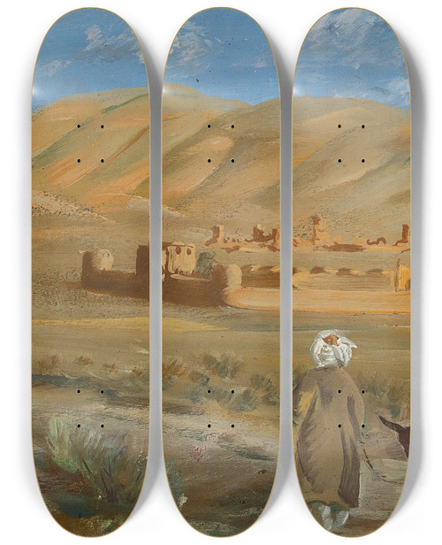 Triptych art skateboard deck of Alexandre Jacovleff In The Desert Of Afghanistan by Alexandre Jacovleff (1887-1938)