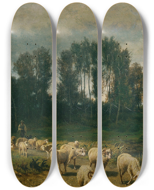 Triptych art skateboard deck of Gustav Ranzoni Vor Dem Gewitter by Gustav Ranzoni (1826-1900)