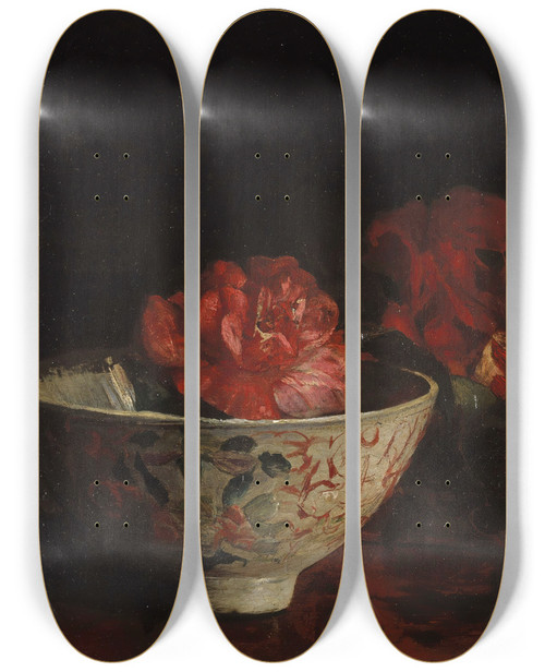 Triptych art skateboard deck of John La Farge Flowers On A Japanese Tray On A Mahogany Table by John La Farge (1835-1910)
