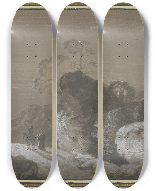 Triptych art skateboard deck of Johann Georg Wagner Hohlweg Zwischen Felsen Rechts Zwei Htten Auf Dem Weg Ein Reiter Mit Begleiter Zu Fu by Johann Georg Wagner (1732-1767)