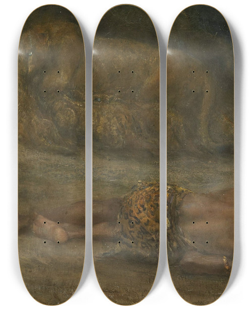 Triptych art skateboard deck of John Macallan Swan Een Leeuwin Met Haar Welpen Bij Een Dode Zwarte Man Genaamd Nemesis by John Macallan Swan (1847-1910)