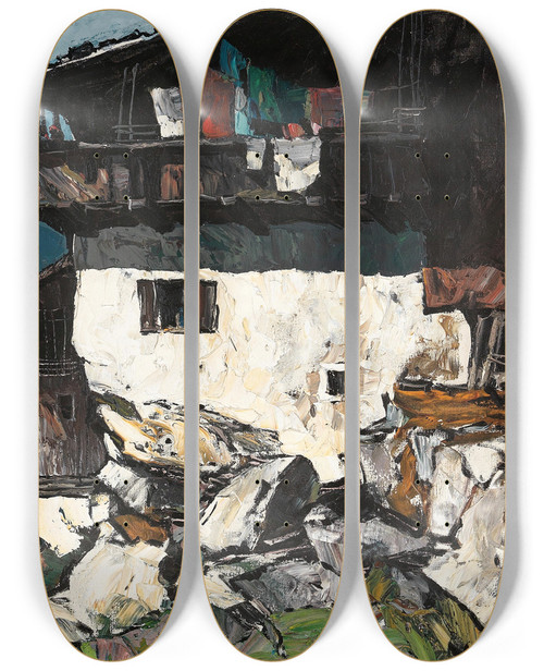 Triptych art skateboard deck of Oskar Mulley Bauernhof Im Hochgebirge_1 by Oskar Mulley (1891-1949)