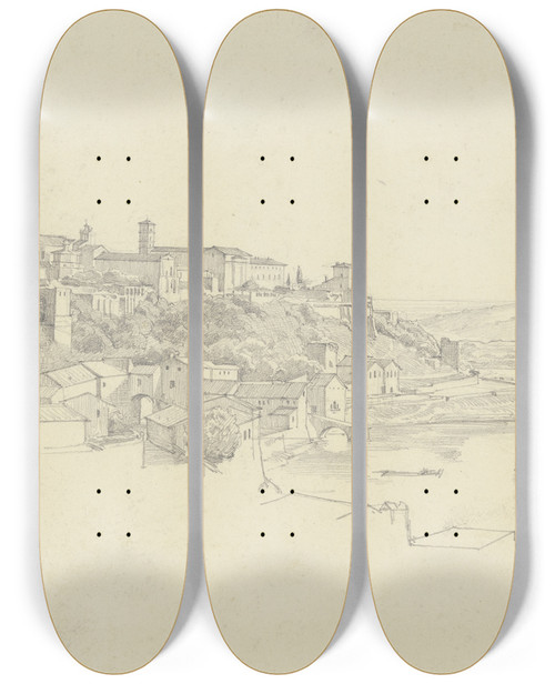Triptych art skateboard deck of Johann Heinrich Hasselhorst View Of The Aventine In Rome by Johann Heinrich Hasselhorst (1825-1904)