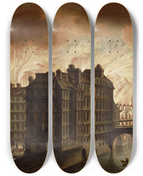 Triptych art skateboard deck of Nicolas Jeanbaptiste Raguenet Lincendie De Lhteldieu En 1772 by Nicolas Jean-Baptiste Raguenet (1715-1793)