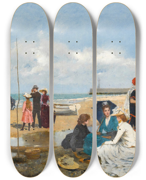 Triptych art skateboard deck of Francesc Miralles I Galaup Tarde En La Playa An Afternoon On The Beach by Francesc Miralles I Galaup (1848-1901)