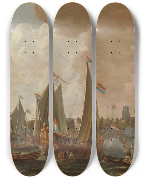 Triptych art skateboard deck of Lieve Pietersz Verschuier Arrival Of Charles Ii King Of England In Rotterdam 24 May 1660 by Lieve Pietersz Verschuier (1627-1686)