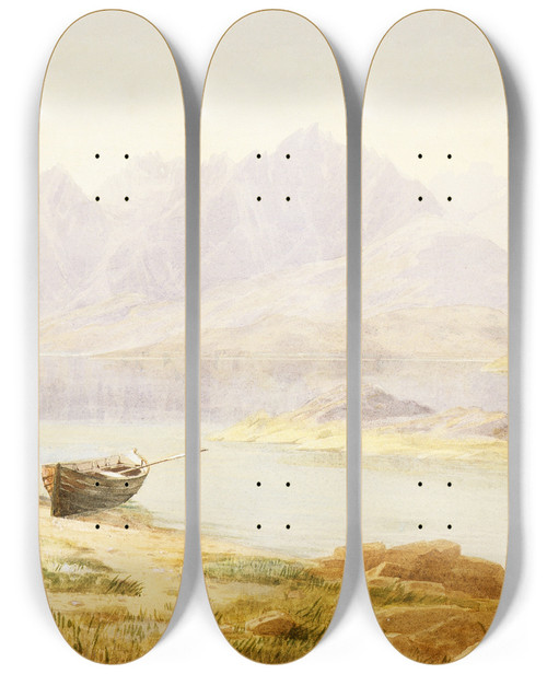 Triptych art skateboard deck of John Gully L Manipori Sic Upper End With Rocky Islets Evening by John Gully (1819-1888)