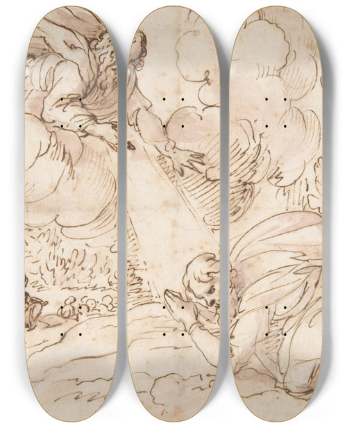 Triptych art skateboard deck of Domenico Gargiulo God The Father Appearing To A Kneeling Figure by Domenico Gargiulo (1609-1675)