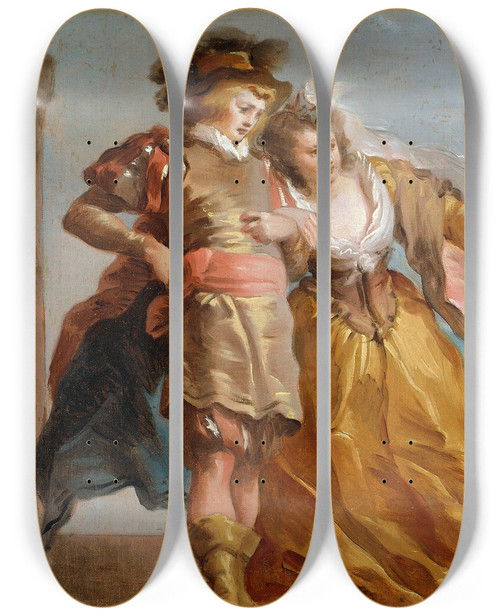 Triptych art skateboard deck of Giuseppe Cades The Meeting Of Gautier Count Of Antwerp And His Daughter Violante by Giuseppe Cades (1750-1799)