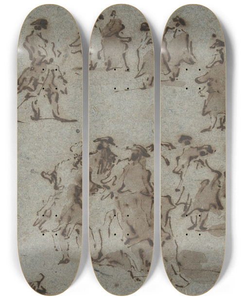 Triptych art skateboard deck of Francesco Guardi Studies For Groups Of Walking Dressed Figures by Francesco Guardi (1712-1793)