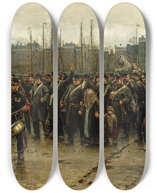 Triptych art skateboard deck of Isaac Israls Transport Of Colonial Soldiers by Isaac Israels (1865-1934)