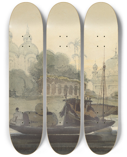 Triptych art skateboard deck of George Chinnery A River In Ceylon by George Chinnery (1774-1852)