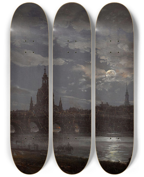 Triptych art skateboard deck of Johan Christian Dahl View Of Dresden By Moonlight_2 by Johan Christian Dahl (1788-1857)