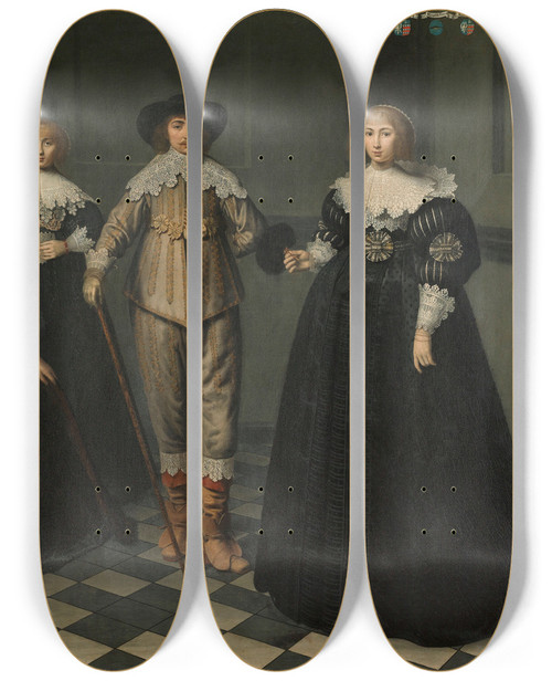 Triptych art skateboard deck of Dirck Dircksz Van Santvoort Portrait Of The Family Of Dirck Bas Jacobsz Burgomaster Of Amsterdam by Dirck Dircksz Van Santvoort (1610-1680)