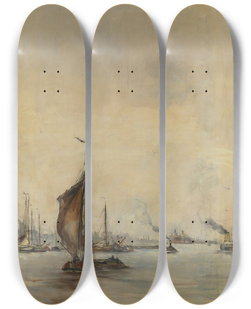 Triptych art skateboard deck of Hobbe Smith Gezicht Op Het Ij Vanaf De Oranjesluizen Bij Schellingwoude Naar Het Westen by Hobbe Smith (1862-1942)