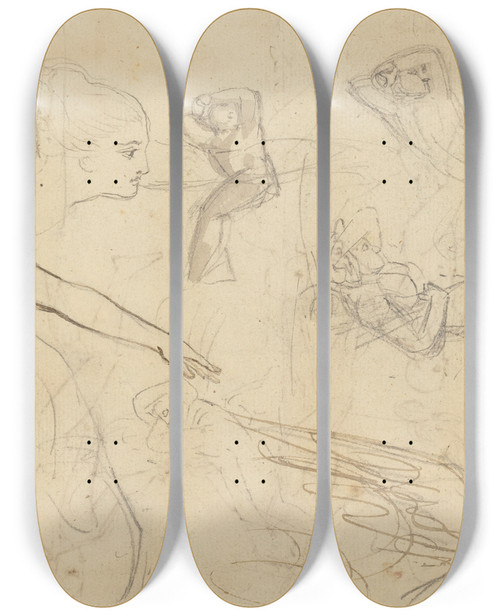 Triptych art skateboard deck of Thomas Stothard Sheet Of Studies With Angels And Cowering Figures Illustration For Macklins Bible by Thomas Stothard (1755-1834)