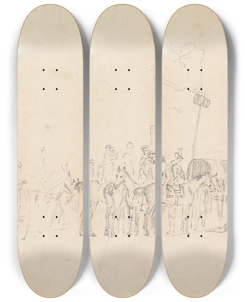 Triptych art skateboard deck of Sawrey Gilpin A Gathering Of Horsemen With Coach Tents Flags Etc by Sawrey Gilpin (1733-1807)