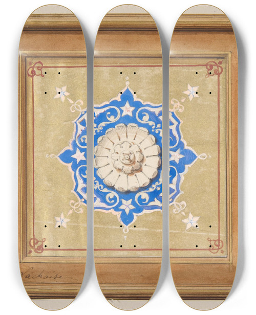 Triptych art skateboard deck of Julesedmondcharles Lachaise Two Alternative Designs For The Painted Decoration Of A Panel One With The Intertwined Initials Cl by Jules-Edmond-Charles Lachaise (1897)