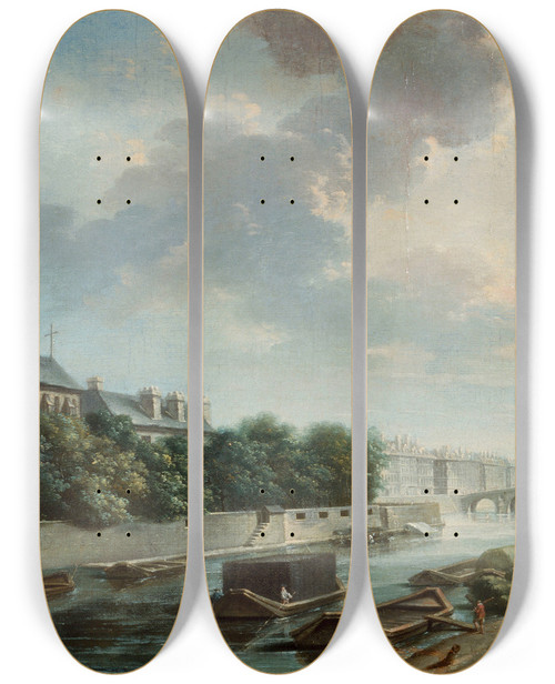 Triptych art skateboard deck of Nicolas Jeanbaptiste Raguenet Le Palais De Larchevch Vue De La Rive Gauche by Nicolas Jean-Baptiste Raguenet (1715-1793)