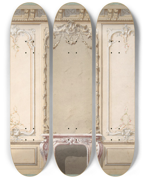 Triptych art skateboard deck of Julesedmondcharles Lachaise Elevation Of A Salon Decorated In Louis Xv Style by Jules-Edmond-Charles Lachaise (1897)
