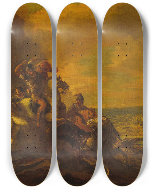 Triptych art skateboard deck of Follower Of Salvator Rosa A Cavalry Battle Scene by Follower Of Salvator Rosa (1615-1673)