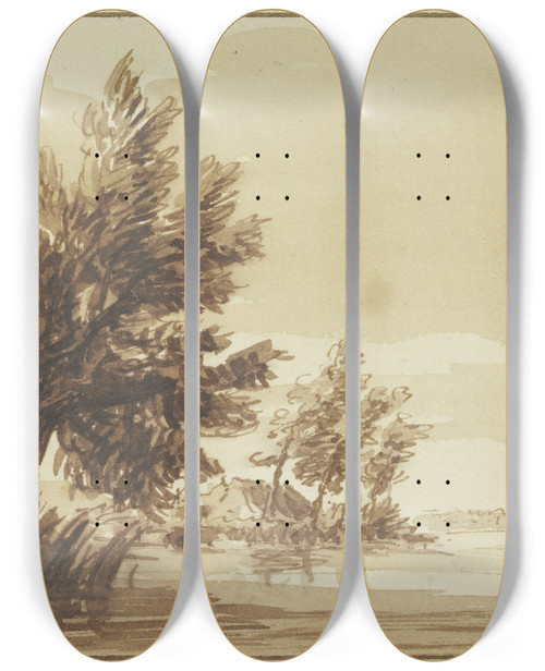 Triptych art skateboard deck of Hendrik Spilman Flugegend Rechts Ein Kran Links Ein Weidenbaum by Hendrik Spilman (1721-1784)